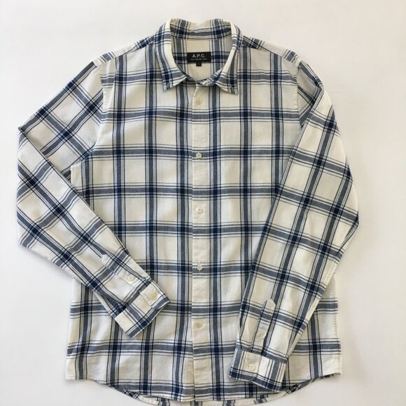 A.P.C. Mens Large 100% Cotton Checked Button Down Collar Shirts Navy Blue/White - Picture 4 of 15